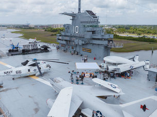 SFC broadcast set on the USS Yorktown flight deck in Charleston, photographed from the air by Clanton Media.