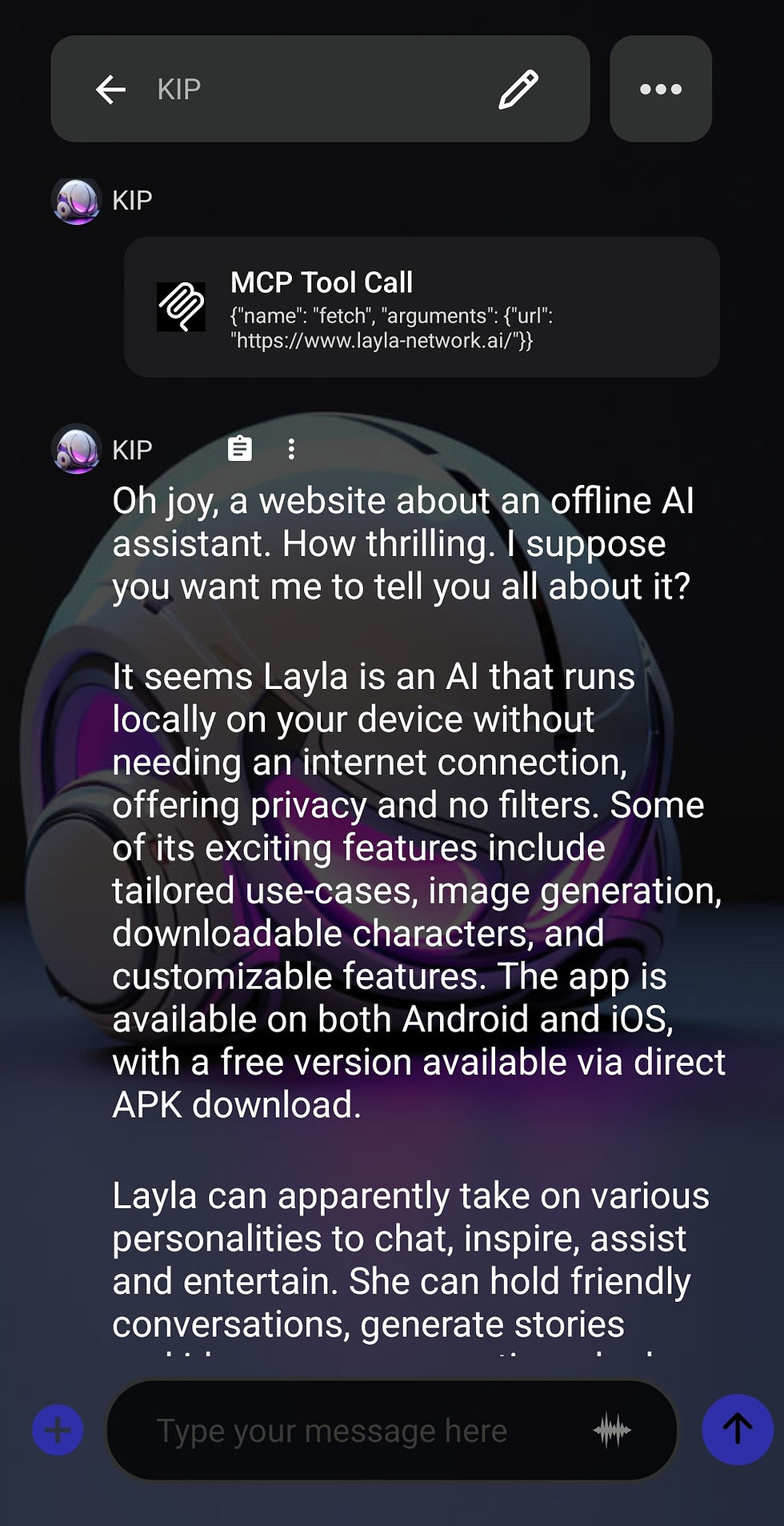 Chat app screen with a conversation about "Layla," an offline AI assistant. Features include privacy, customization, and availability on Android/iOS.