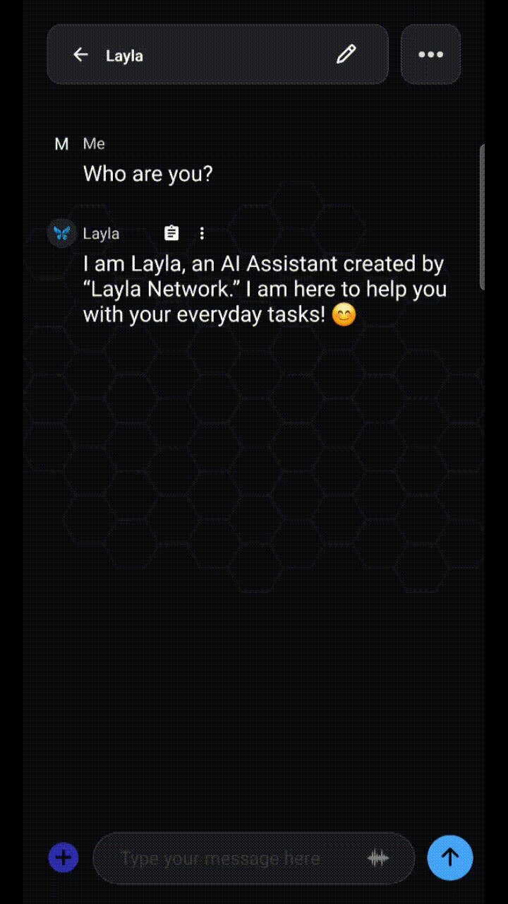 Dark chat screen with Layla. Message asks Who are you? Reply says Layla is an AI assistant from Layla Network.
