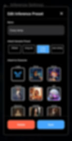 Edit Inference Preset screen with "Crazy temp" title. Options include sampler presets, and character attachment with various avatar images. Save and Delete buttons at bottom.