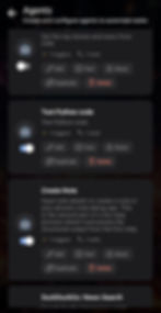 App interface showing automation agents: "Get CNN news," "Test Python code," and "Create Note." Options to Edit, Test, Share. Dark theme.