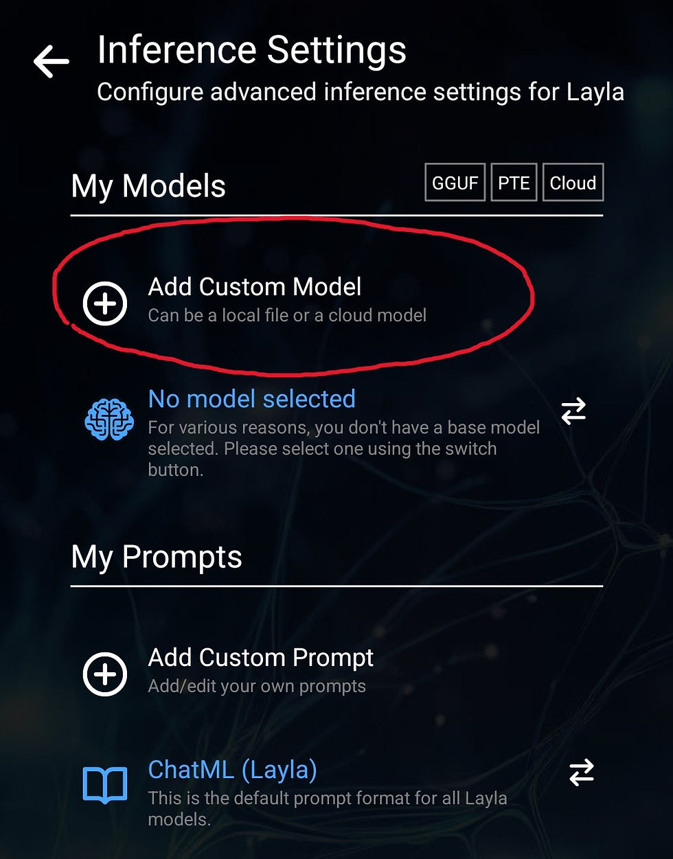 Settings screen for "Layla" with options for adding a custom model circled in red. Background is dark with neural network visuals.