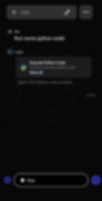 Chat screen with a dark hexagon background. Text: "Run some python code!" Notification says, "Finished executing Python code."