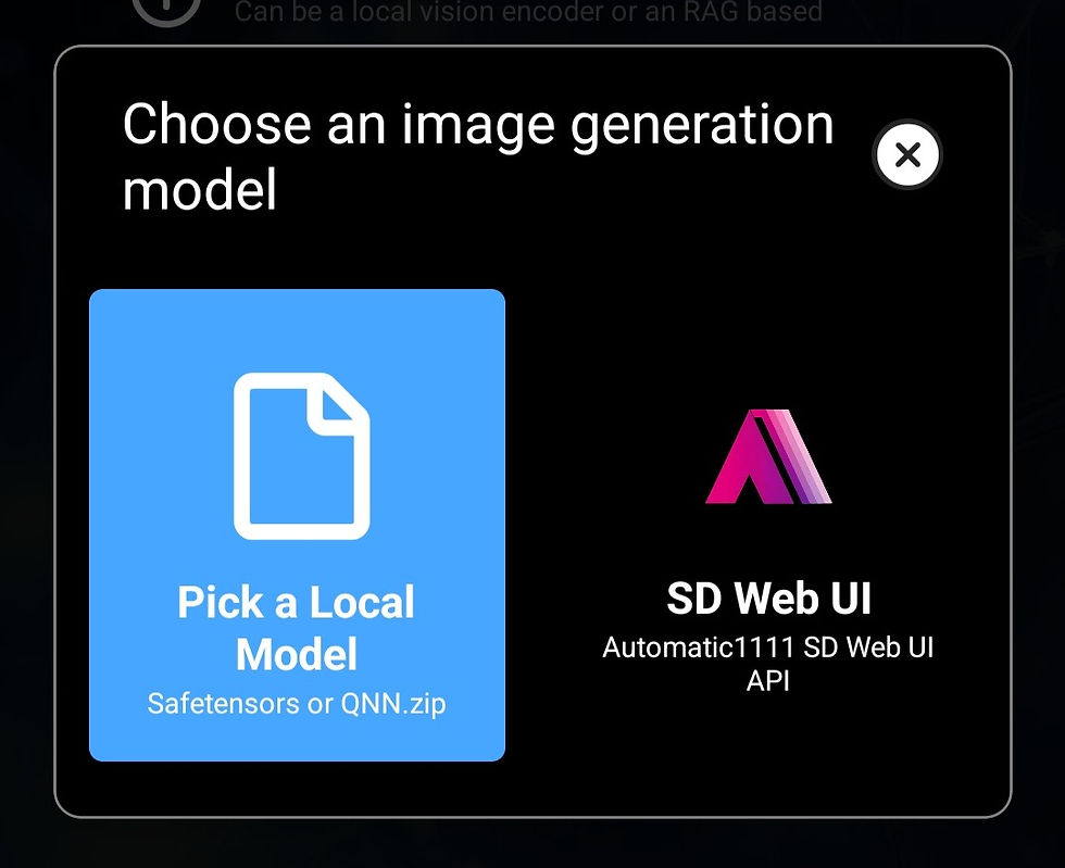 Interface screen displaying options for image generation models; "Pick a Local Model" in blue and "SD Web UI" with a pink logo.