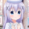 Anime character with lavender hair and blue eyes looks cheerful, hands clasped. Background features soft colors and abstract patterns.