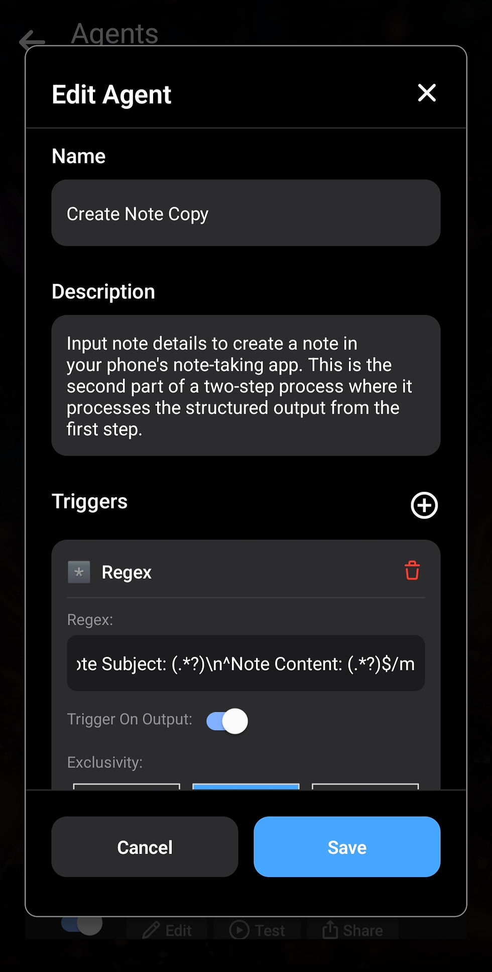 Edit Agent screen displays fields for "Name" and "Description," with options like Regex triggers. Buttons for Cancel and Save are at the bottom.