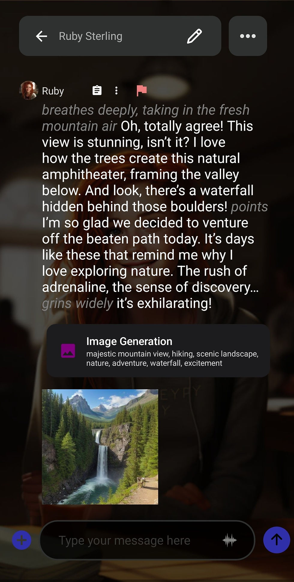 Chat screen with a message about exploring nature, showing a scenic mountain view with a waterfall surrounded by forests. Text conveys excitement.
