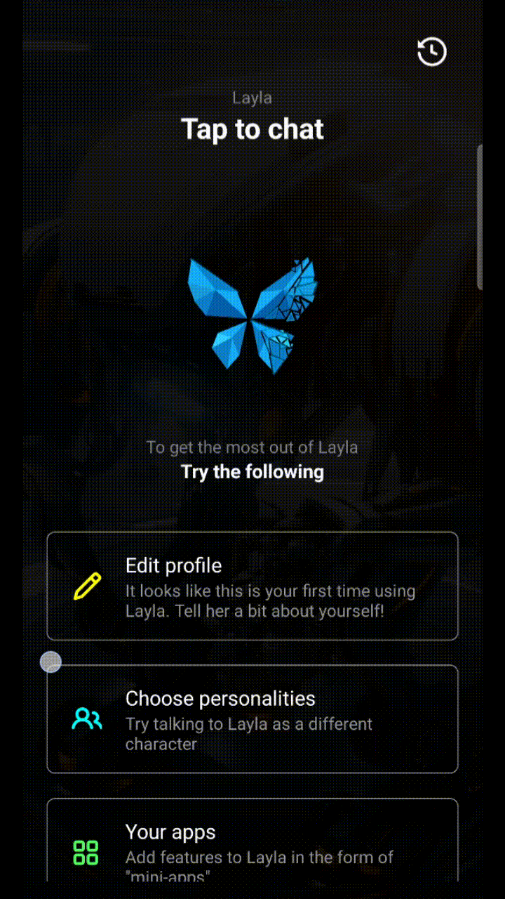Dark Layla chatbot screen with butterfly logo and setup cards: Edit profile, Choose personalities, Your apps.