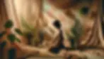 A peaceful woman sitting in quiet reflection, surrounded by soft green plants, warm beige textures, and gentle pink light. She wears flowing, earthy-toned clothing, embracing a moment of self-awareness and healing. The setting is calming and introspective, symbolizing inner transformation.