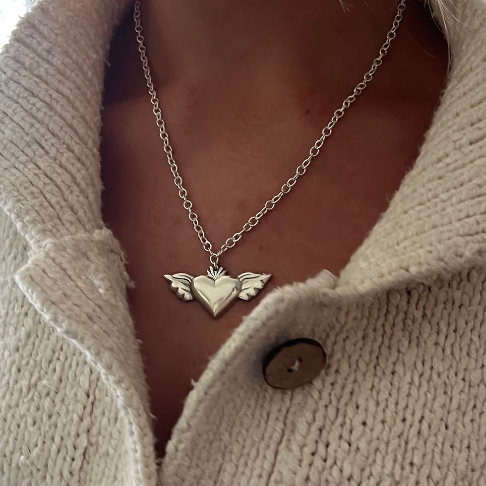 Winged Sacred Heart Sterling Silver Pendant Necklace