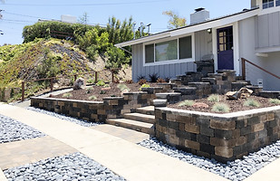 Front yard, landscape construction, landscape design, landscape design and build, paver steps, pavers, country manor keystone, retaining wall, country manor retaining wall,low voltage lighting, landscape lighting, river rocks, low maintenance landscape, san diego