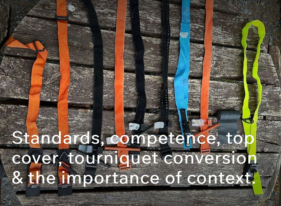 A multiplicity of tourniquet types and styles. These and more are taught on our courses. Importantly, familiarise yourself with kit (and check the suitability of it) before departure. Beware of fakes and buy kit from reputable sources, not off eBay !