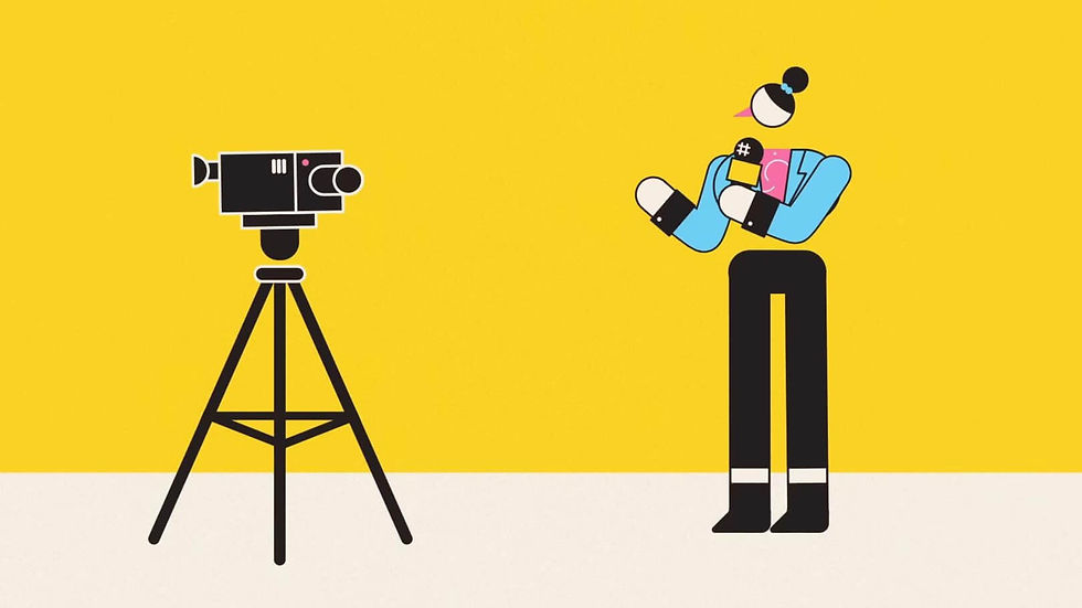 A cartoon image of a female reporter holding a microphone, facing towards a video camera.