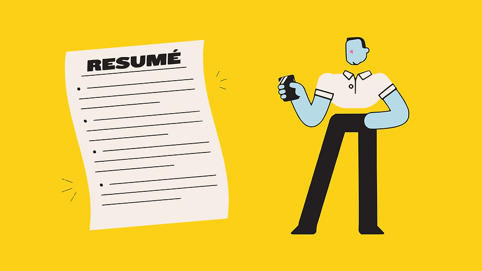 A cartoon image of a piece of paper headed 'Resume', next to a cartoon of Mike clutching a smartphone.