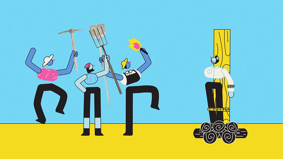 Cartoon figures on blue background: three hold tools, one holds fire, another is tied to a post.