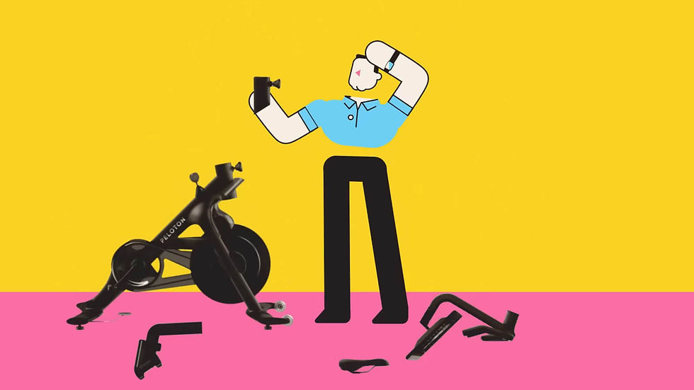 A cartoon of a man struggling to assemble a Peloton bike, with the parts strewn across the floor.