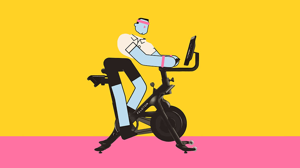 A cartoon image of a Mike sat on a Peloton exercise bike, wearing pink sweatbands around his head and wrists.