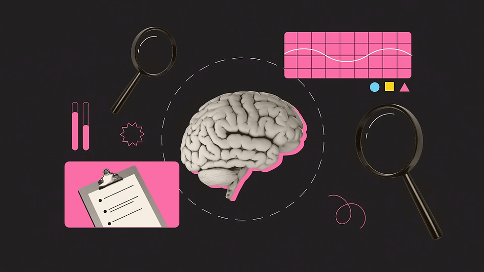A cartoon image a brain surrounded by magnifying glasses, a clipboard and graphs.