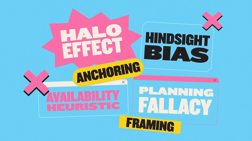 Cartoon signs in a variety of shapes saying "halo effect", "anchoring", "availabily heuristic", "hingsight bias", "framing" and "planning fallacy".