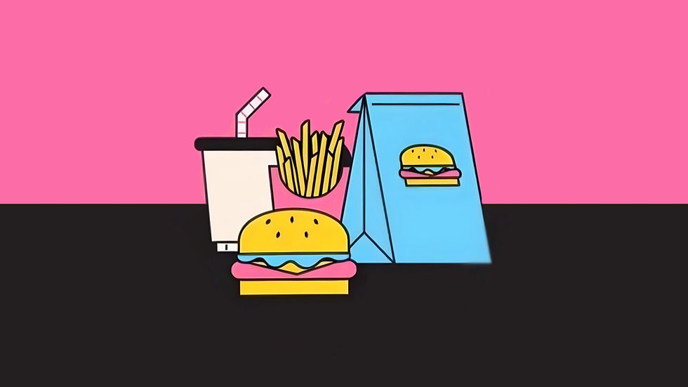 A cartoon image of a classic fast-food meal set on a contrasting black tabletop against a pink background. The meal includes a cheeseburger, a side of fries and a soft drink with a straw.
