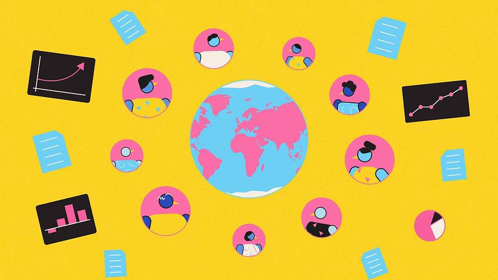 A cartoon image of Earth surrounded by images of talking heads, documents and graphs.