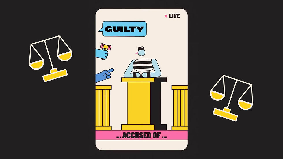 A cartoon image depicting a smartphone broadcasting a live trial with the word "GUILTY" at the top. The screen shows a figure at a stand, flanked by yellow columns, under the scrutiny of a pointing hand and a judge's gavel. The scene is framed by two scales of justice on either side, set against a black backdrop.