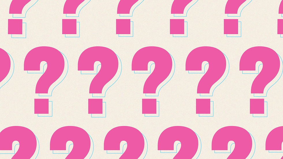 A pattern of pink question marks on a cream background.