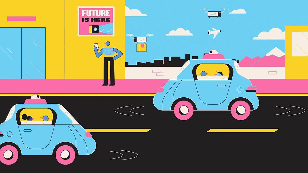 A cartoon image of a bustling futuristic street scene. Two blue autonomous cars with pink wheels navigate marked lanes, their passengers visible through large, rounded windows. On the pavement, a figure on their phone stands beside a poster proclaiming "FUTURE IS HERE".