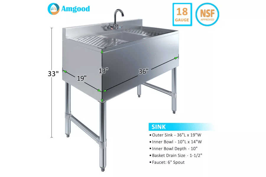 Thumbnail: AmGood 36 in. x 19 in. One Compartment Underbar Sink With Faucet