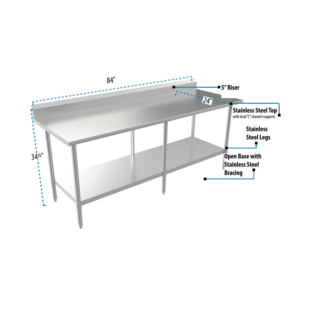 16 Gauge Stainless Work Table Undershelf 5"Riser 84"Lx24"W