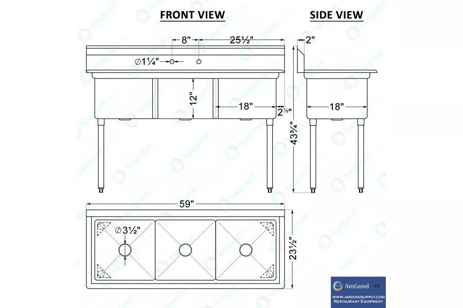 Thumbnail: AmGood 59 in. Stainless Steel Three Compartment Commercial Sink