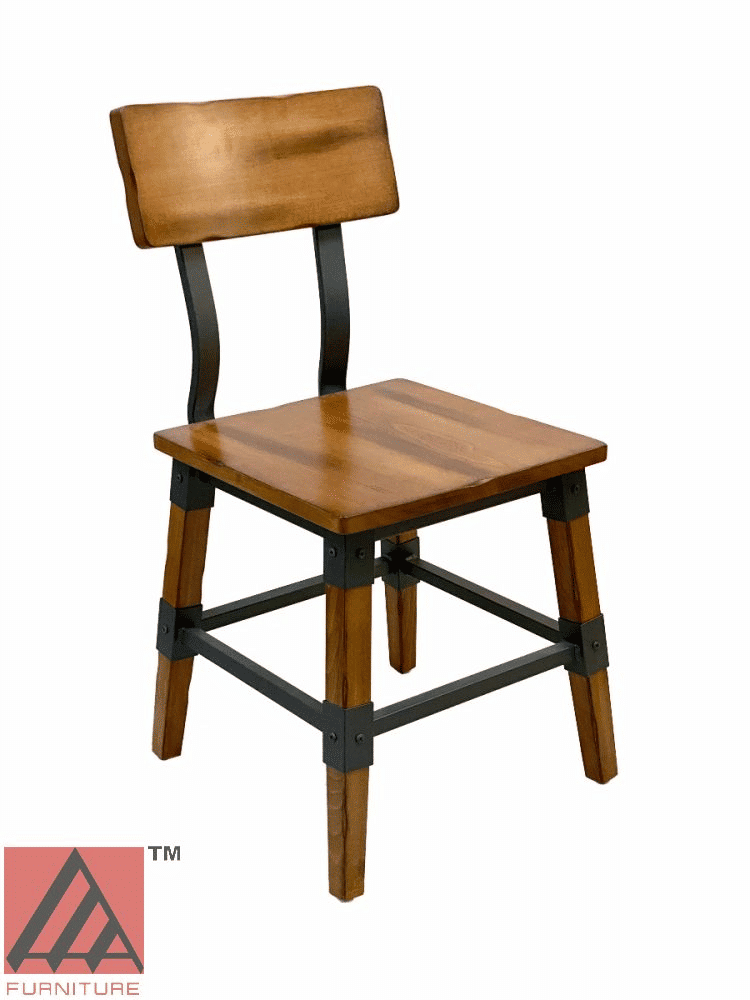 Modern Industrial Metal Frame Side Chair with Antique Walnut Wood Seat