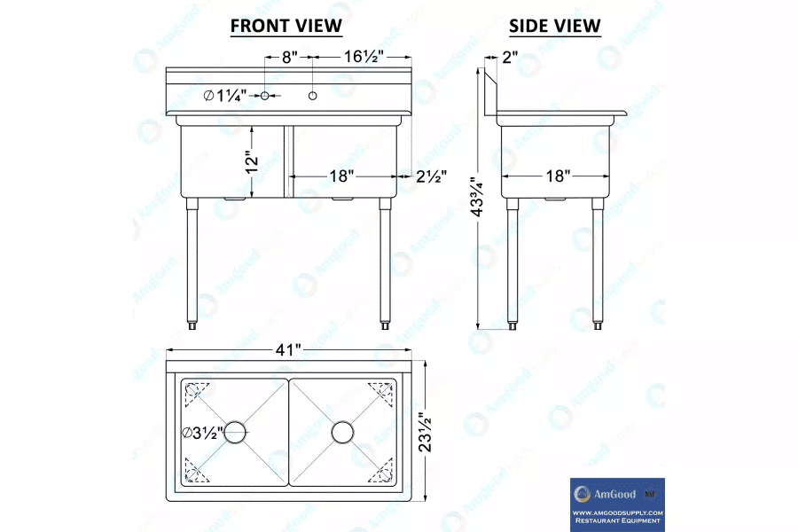 Thumbnail: AmGood 41in Two Compartment Stainless Steel Sink 18x18in Bowls