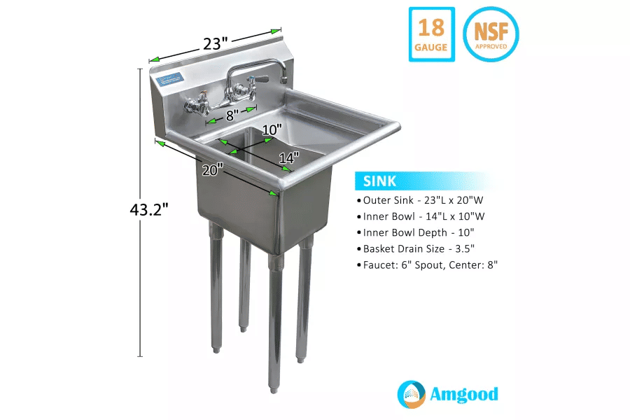 Thumbnail: AmGood 23x20in Stainless Steel One Compartment Sink Right Drainboard Faucet