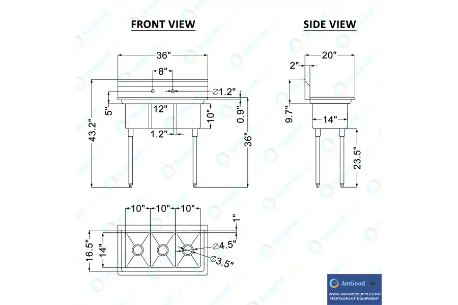 Thumbnail: AmGood Three Compartment Stainless Steel Sink 36 x 20 in
