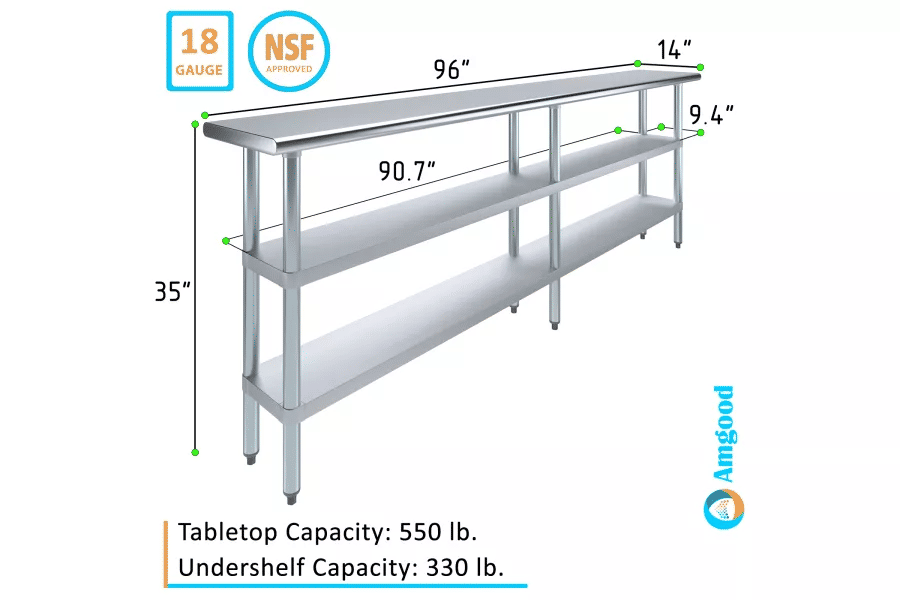 Thumbnail: AmGood 14in x 96in Stainless Steel Utility Work Table