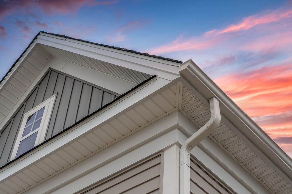 White frame gutter guard system, with gray horizontal and vertical vinyl siding fascia, dr