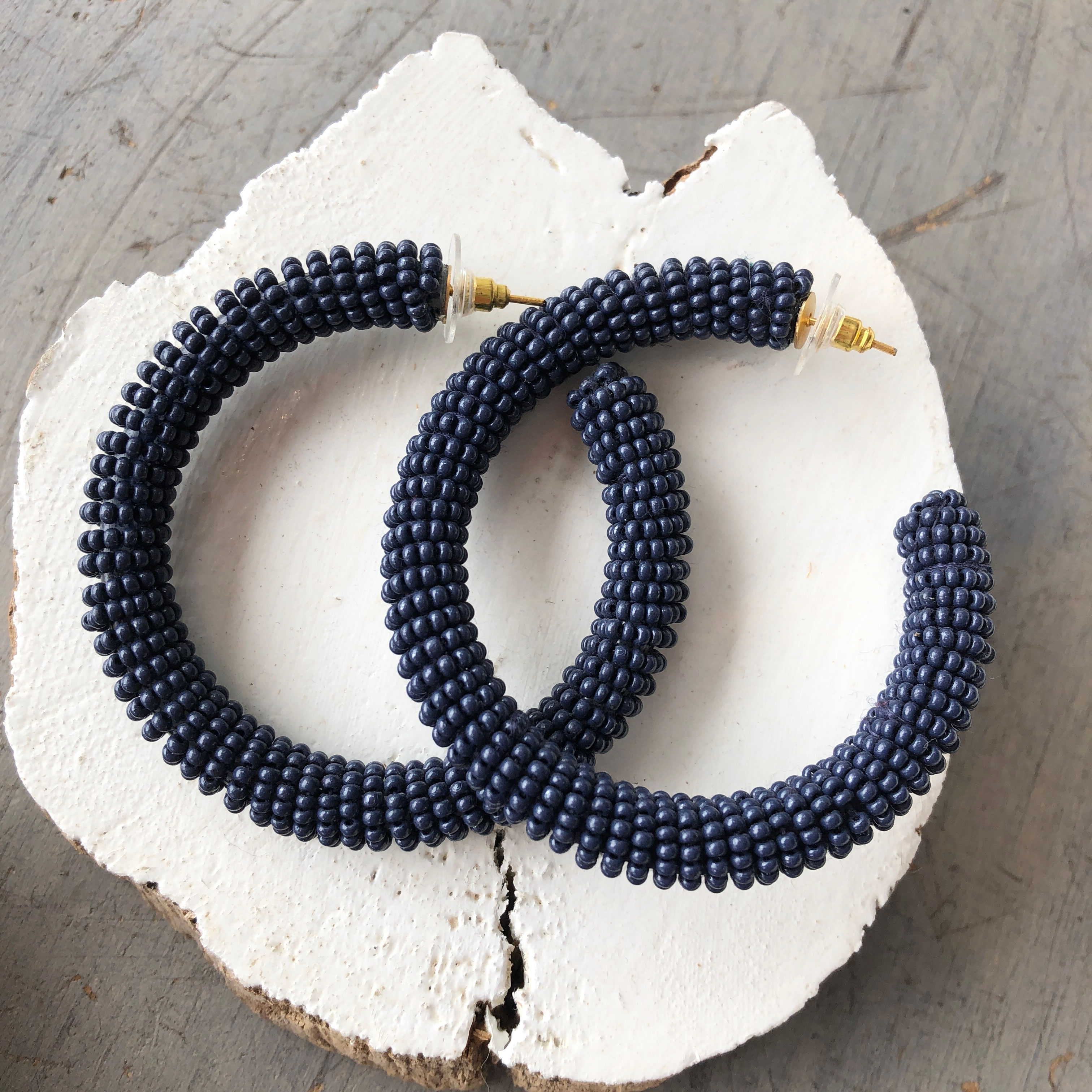 Blue Beaded Hoop Earrings