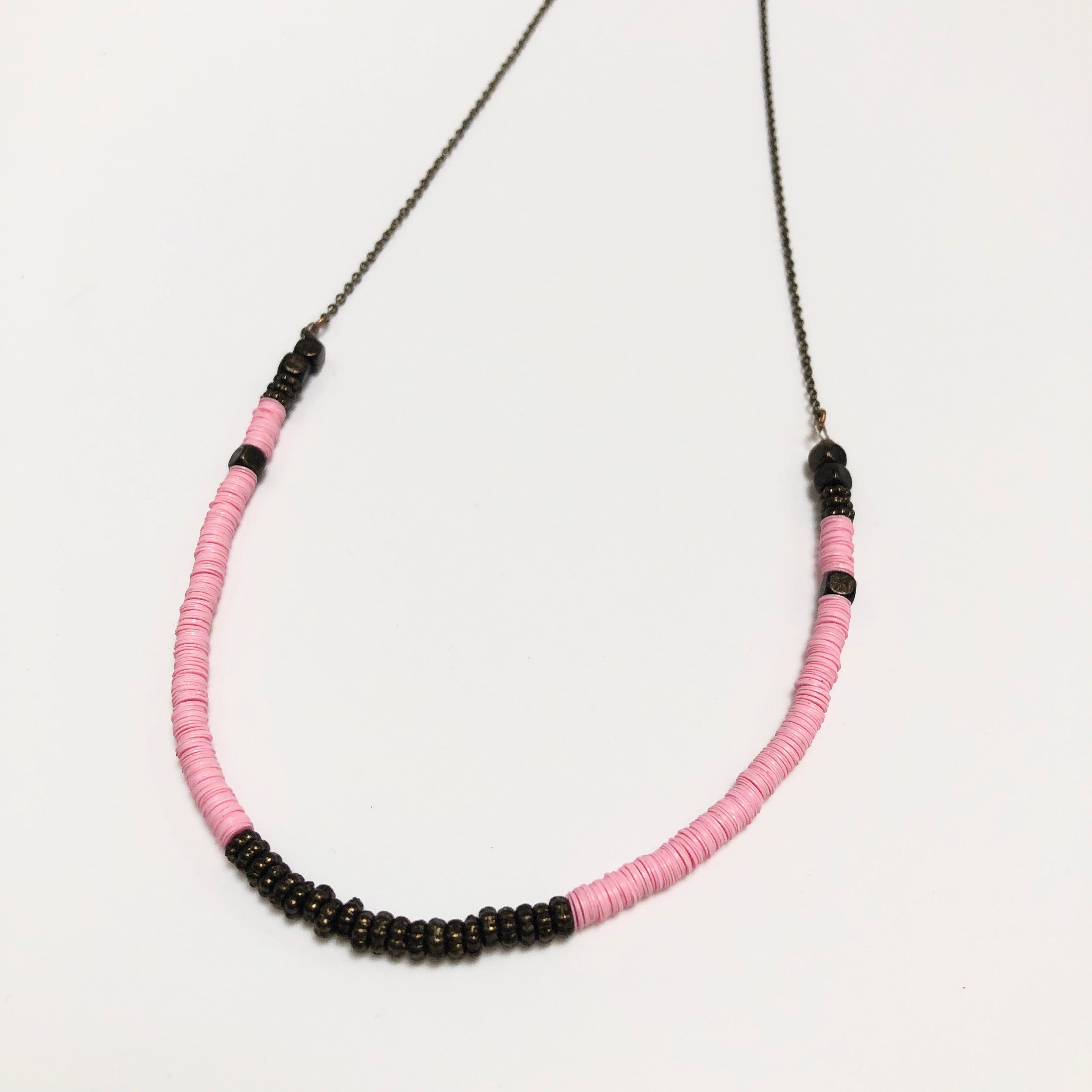 Pink Heishi and Bronze Bead Necklace