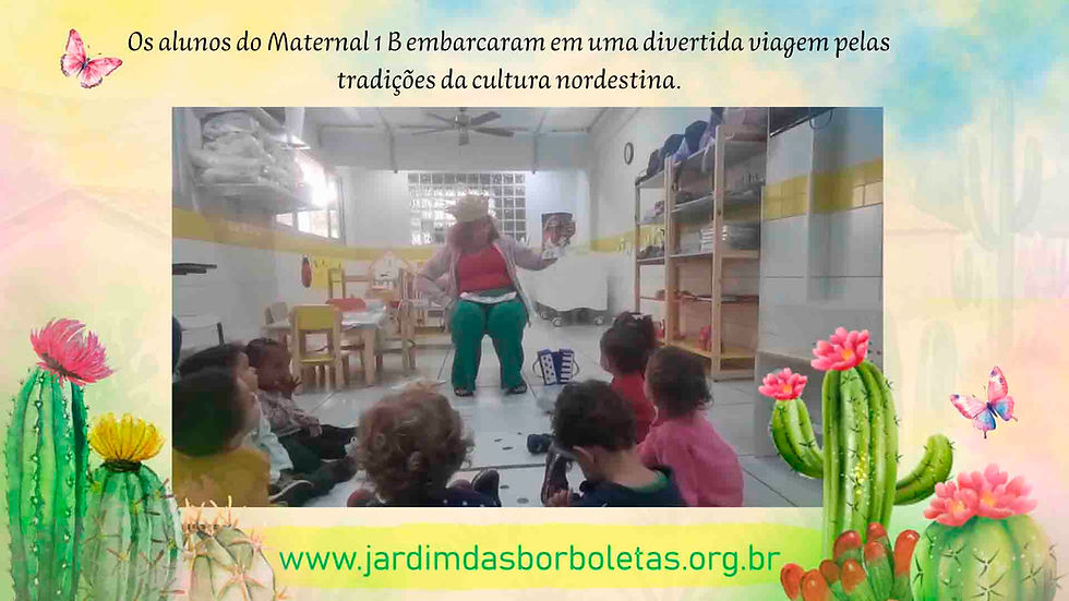 Vídeo dos alunos do Maternal 1 B da Escola Infantil Casulo das Borboletas ouvindo e interagindo com a contação da história A Festa do Milho e da Sanfona, da educadora Paloma Oliveira. Durante a atividade, as crianças acompanham a jornada de um milho amarelinho que, ao som da sanfona de Luiz Gonzaga, apresenta tradições da cultura nordestina, como as festas juninas e julinas, as xilogravuras e os alimentos feitos de milho, enquanto participam da proposta com atenção e curiosidade.
