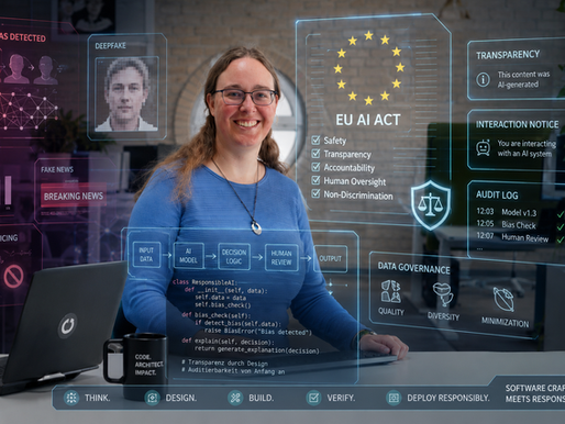 Lächelnde Frau am Laptop im Büro, umgeben von KI-Ethik-Overlays wie EU AI Act, Bias Detected und Transparency.