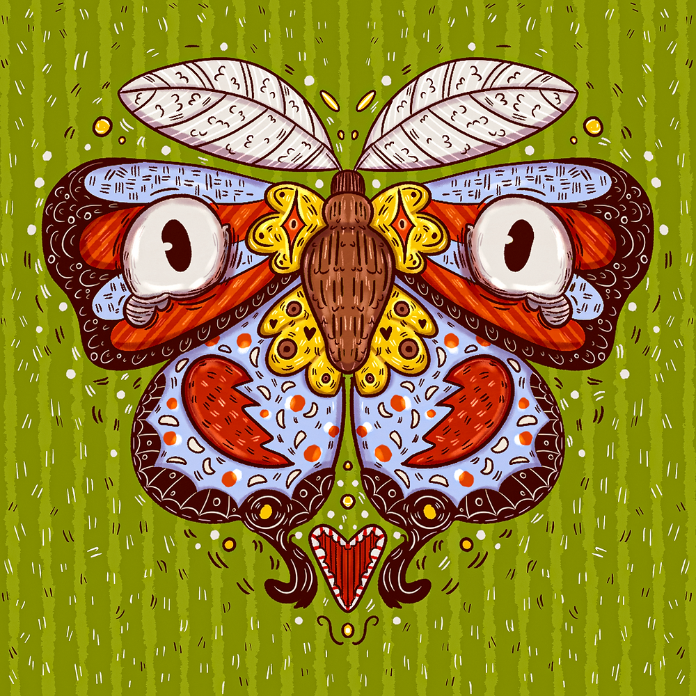 Ilustração de uma mariposa com as asas abertas sobre um fundo verde listrado. Nas asas há elementos simbólicos, incluindo um par de olhos e um coração partido. As asas possuem cores vibrantes em vermelho, azul, amarelo e preto, criando forte contraste com o fundo.