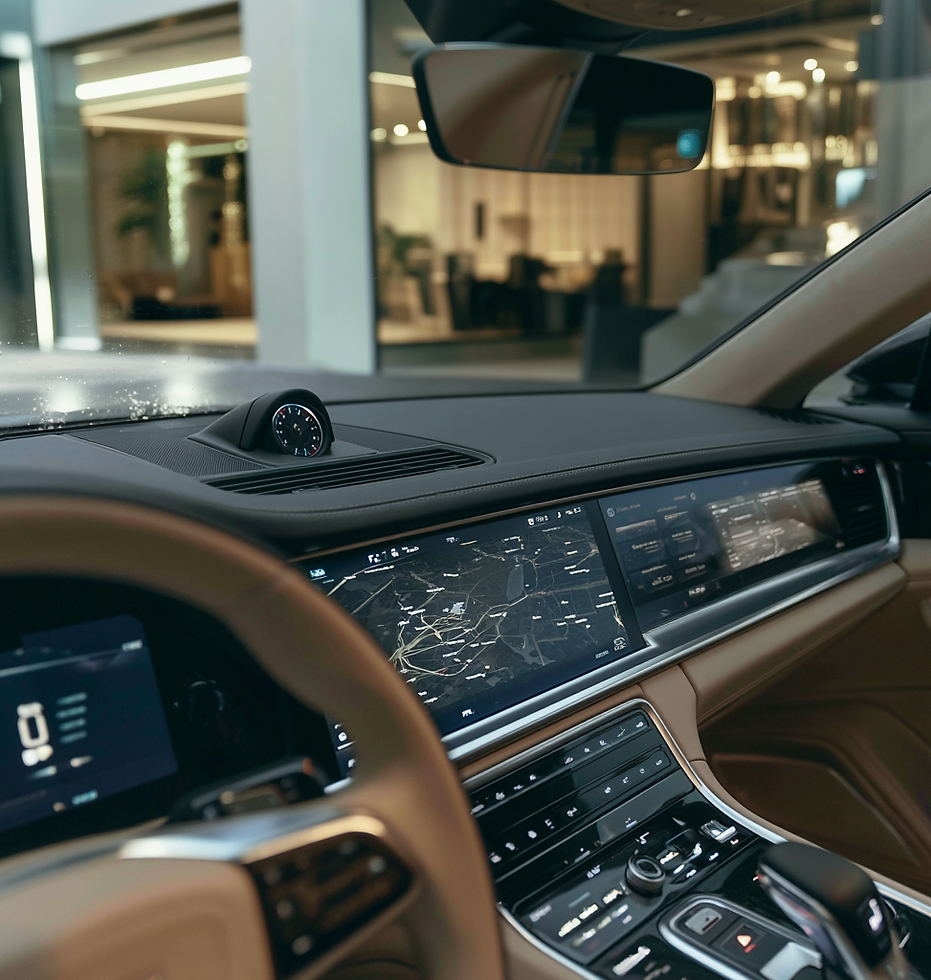premium interior of automotive display with central control, passenger and driver displays
