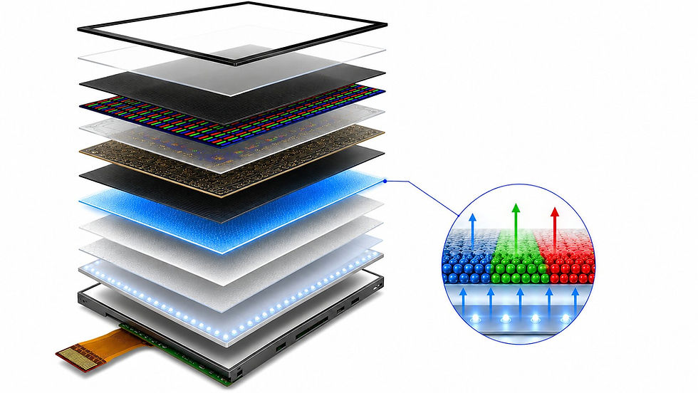 image stack of a quantum dot display with an expanded section of the technology