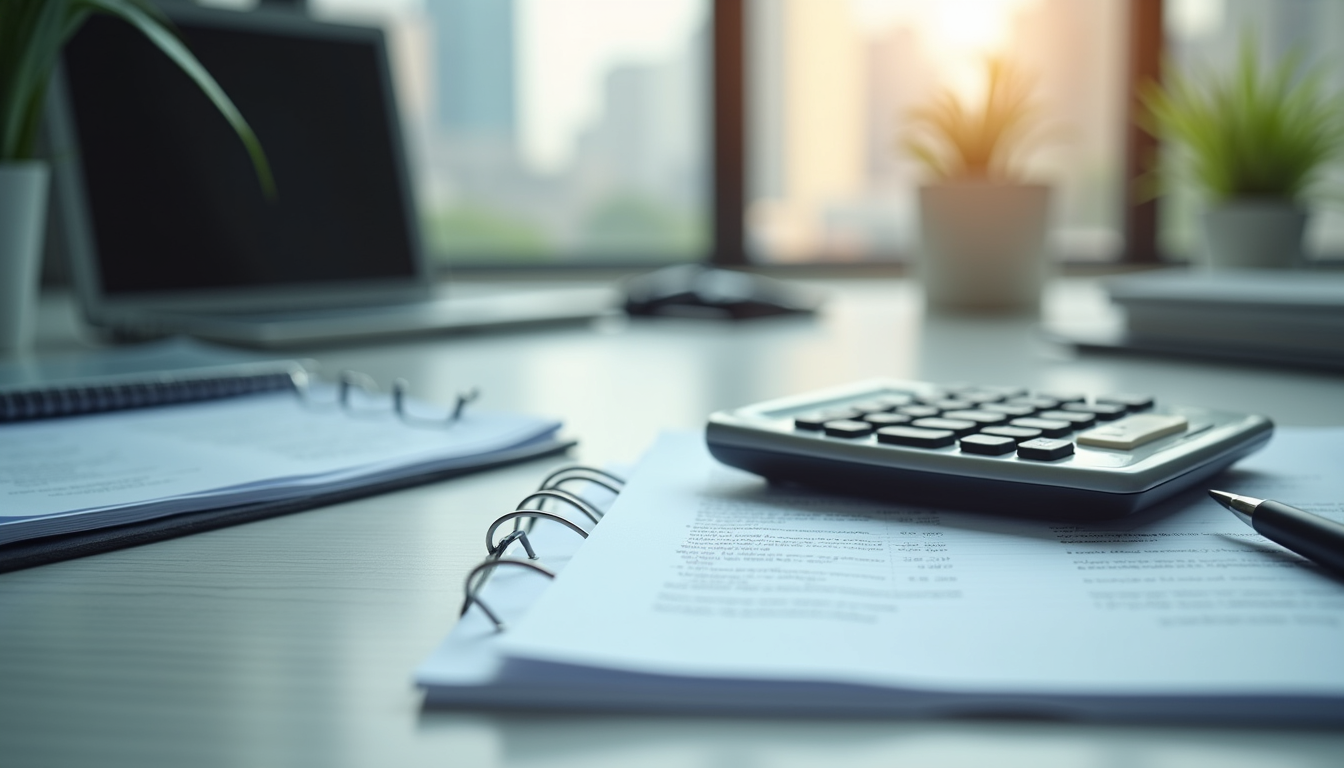 Eye-level view of a modern office desk with accounting documents and a calculator