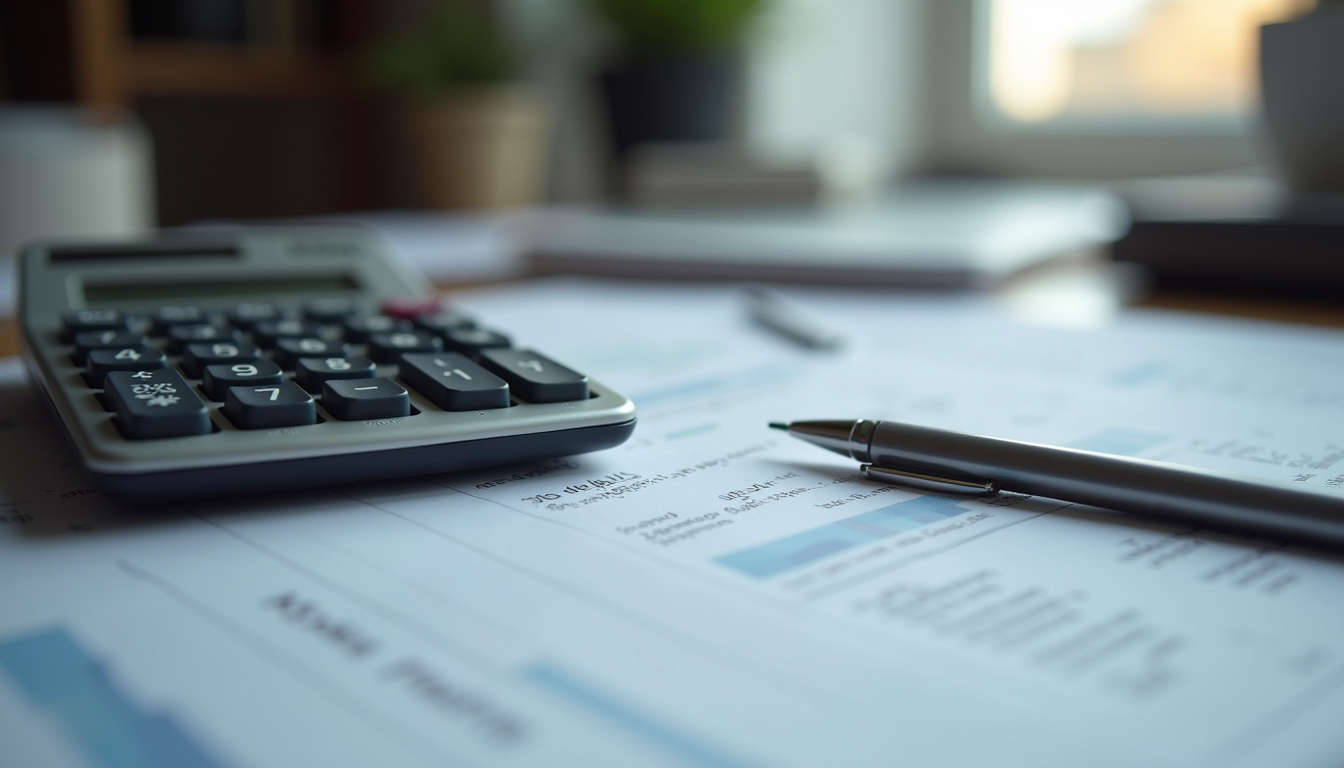 Close-up view of a calculator and financial documents on a London freelancer's desk