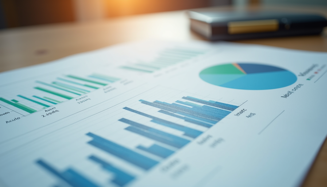 Close-up view of a financial report with graphs and charts on a wooden table