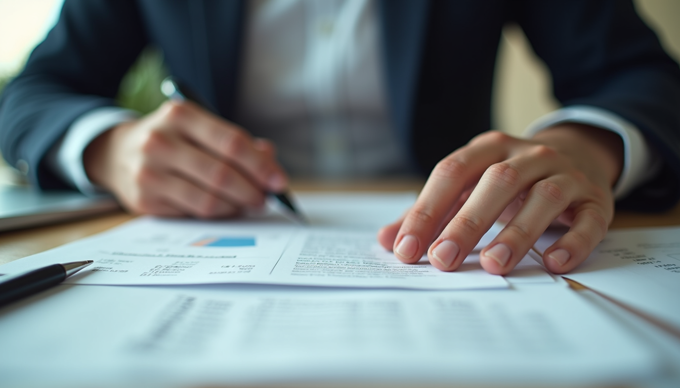 Close-up view of a landlord reviewing financial documents and receipts