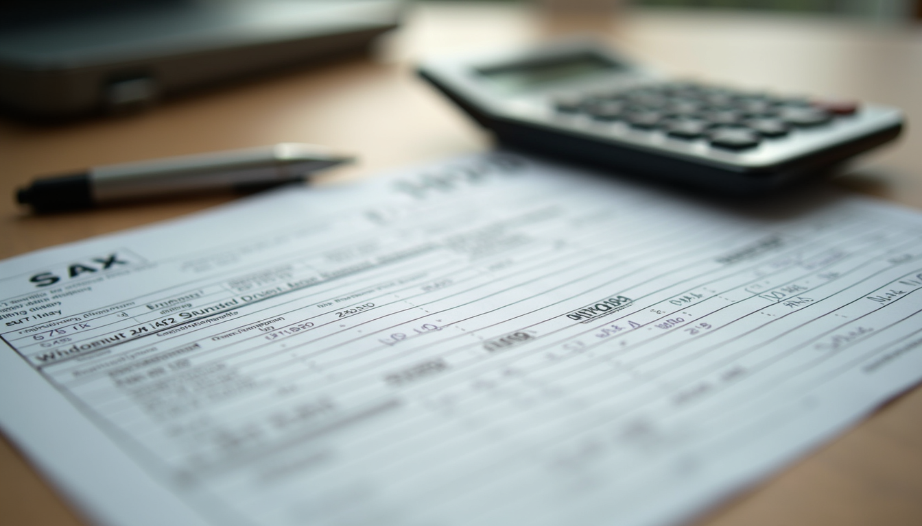 Close-up view of a calculator and tax forms on a wooden desk