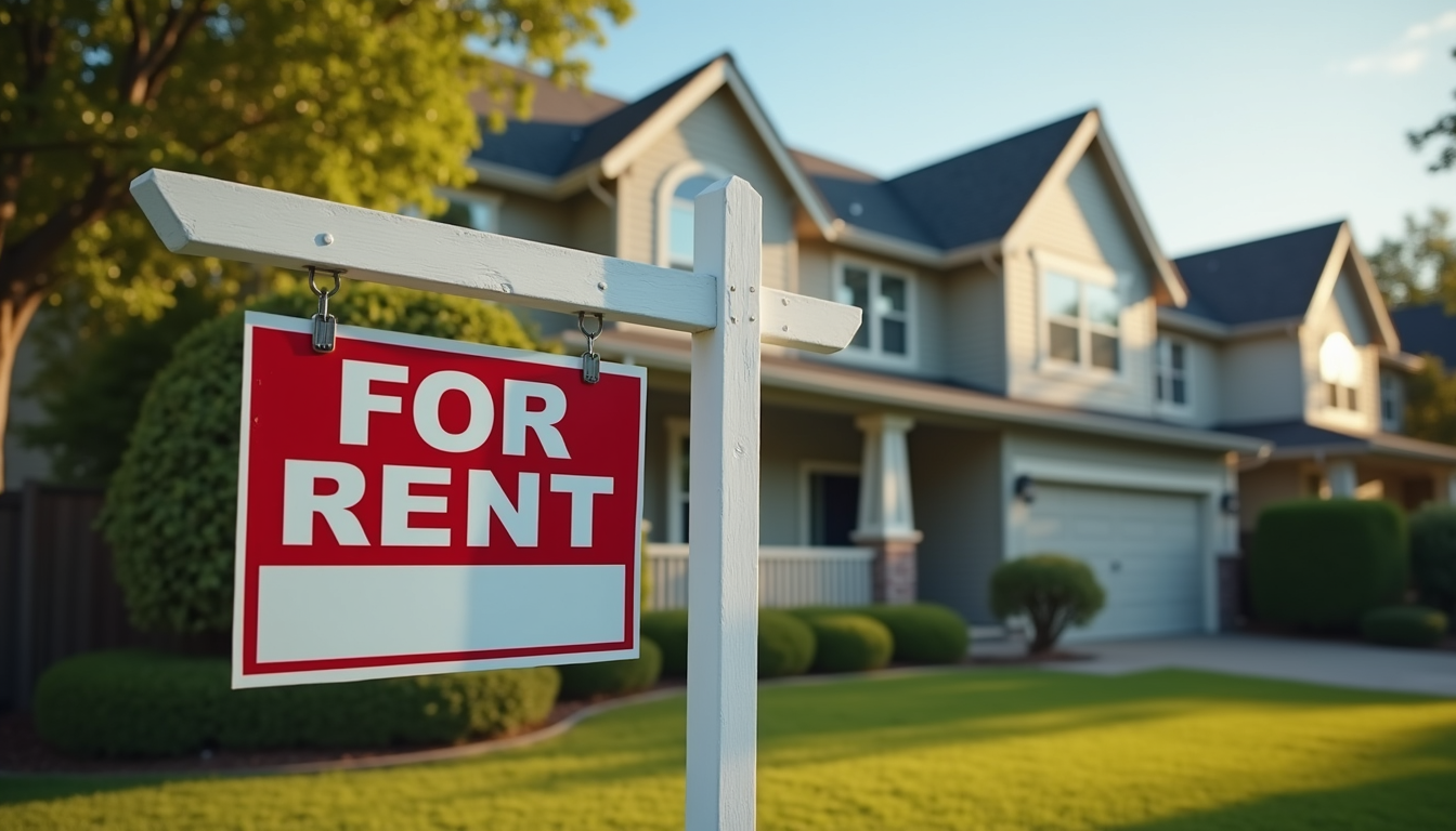 Eye-level view of a residential property with a "For Rent" sign